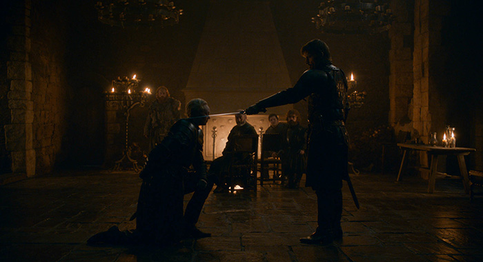 Jamie knighting Brienne